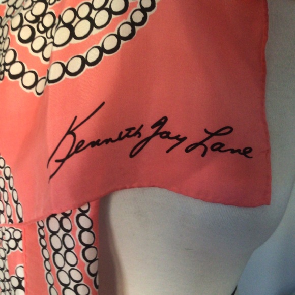 Vintage Kenneth Jay Lane Silk Scarf Pink/Salmon with Pearls - Picture 2 of 6